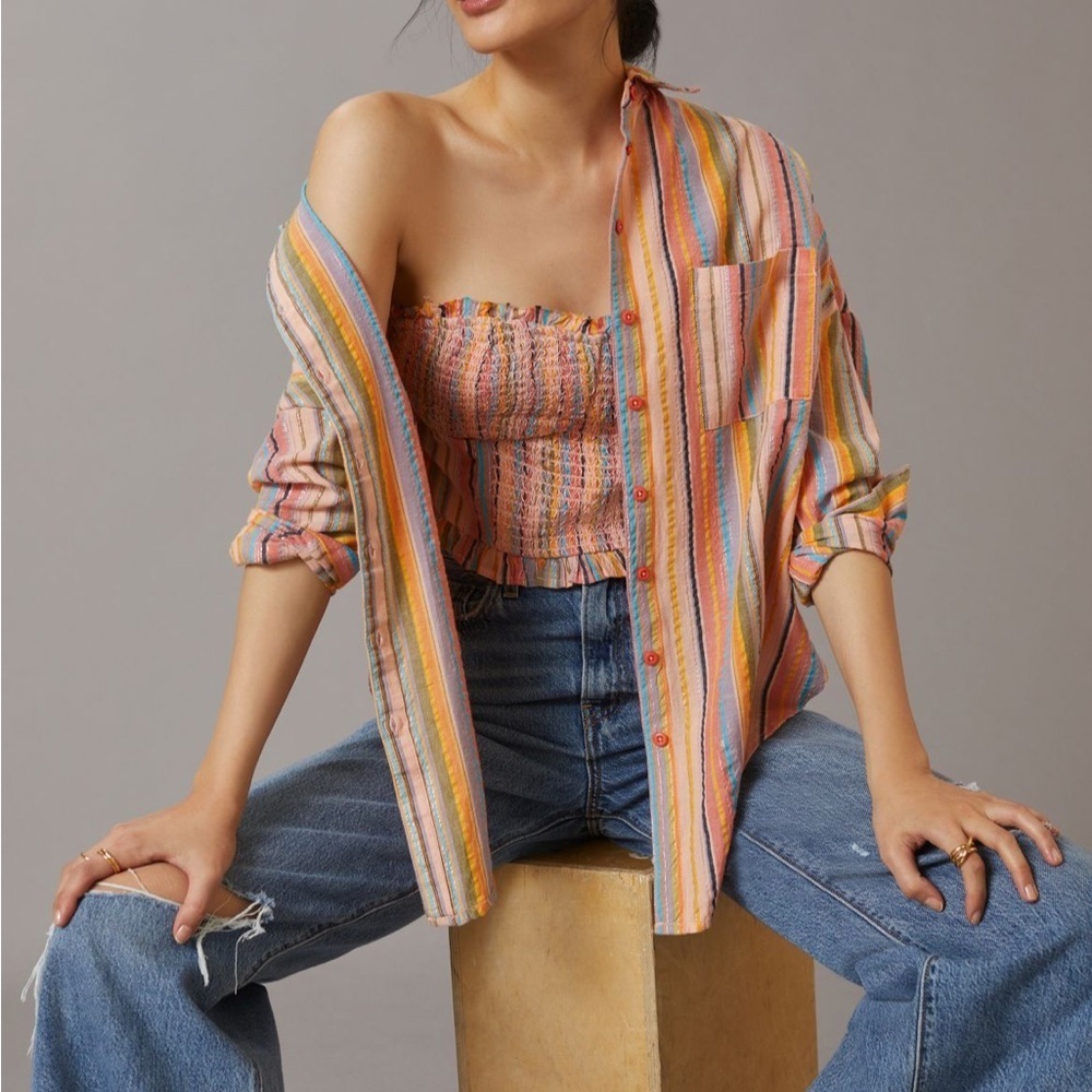 Anthropologie Pilcro Long Sleeve Boyfriend
Striped Shirt Peach Sz L/XL